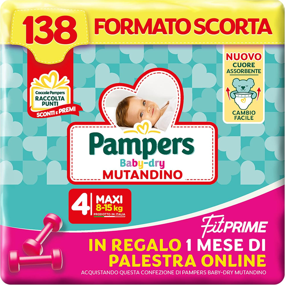 Pampers Baby Dry Pants og Fit Prime Maxi bleer, str. 138, str. 4 (8-15 kg), 1 måned gratis online i fitnesscenteret