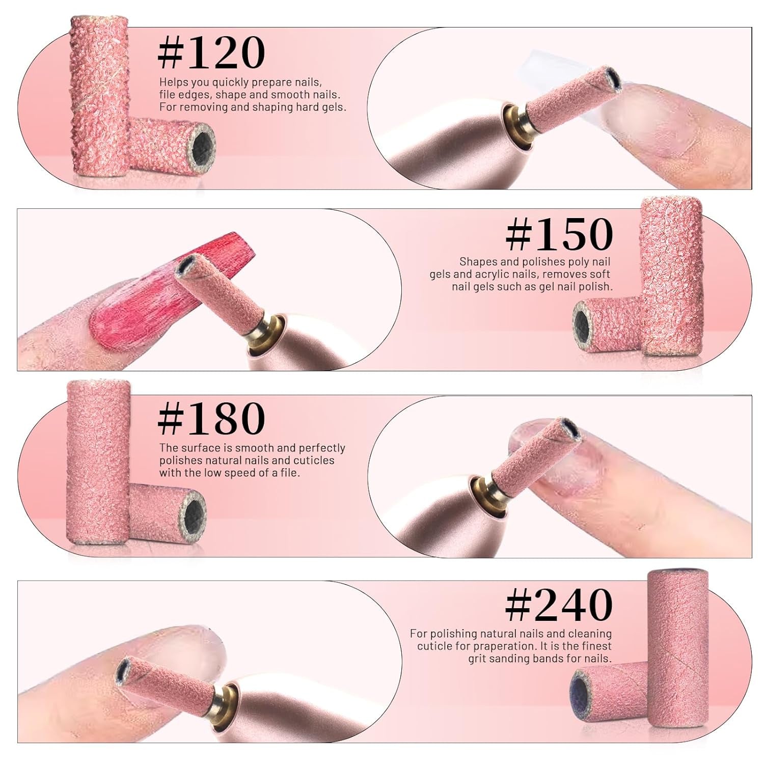 BLESWIN 100 bucăți benzi de șlefuit mici pentru burghie de unghii, granulație fină 240 cu 2 bucăți burghiu de 3 mm, mini benzi de șlefuit pentru lustruirea unghiilor naturale și curățarea cuticulelor pentru pregătire, roz