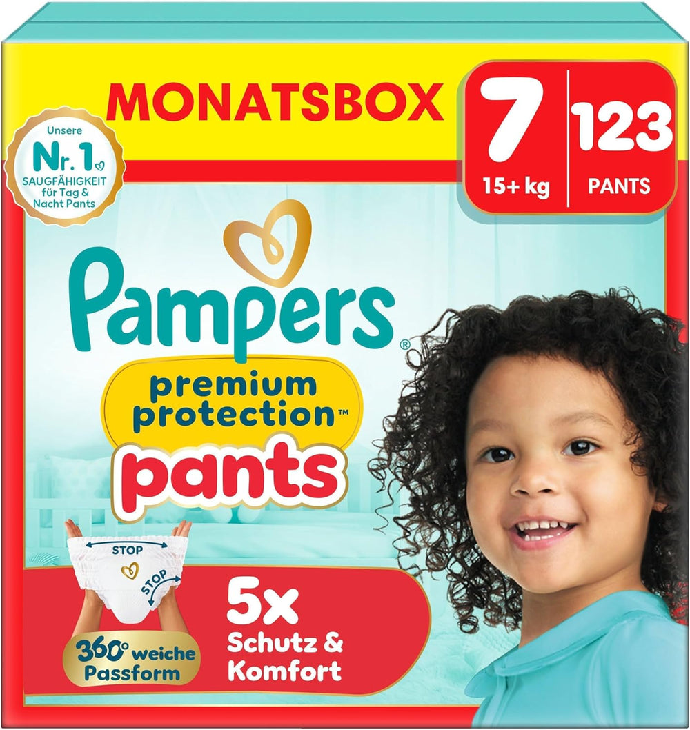 Pampers Premium Protection Pants Str. 7, 123 Bleer, 15 kg+, med 360° justering og bløde anti-lækage manchetter for optimal komfort og beskyttelse