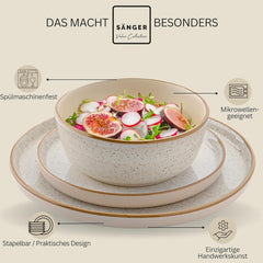 SÄNGER Rio Creme | Set de veselă din gresie pentru 6 persoane, format din 18 piese, inclusiv 6 farfurii de cină, 6 farfurii de desert și 6 boluri | COLECȚIA VALUE