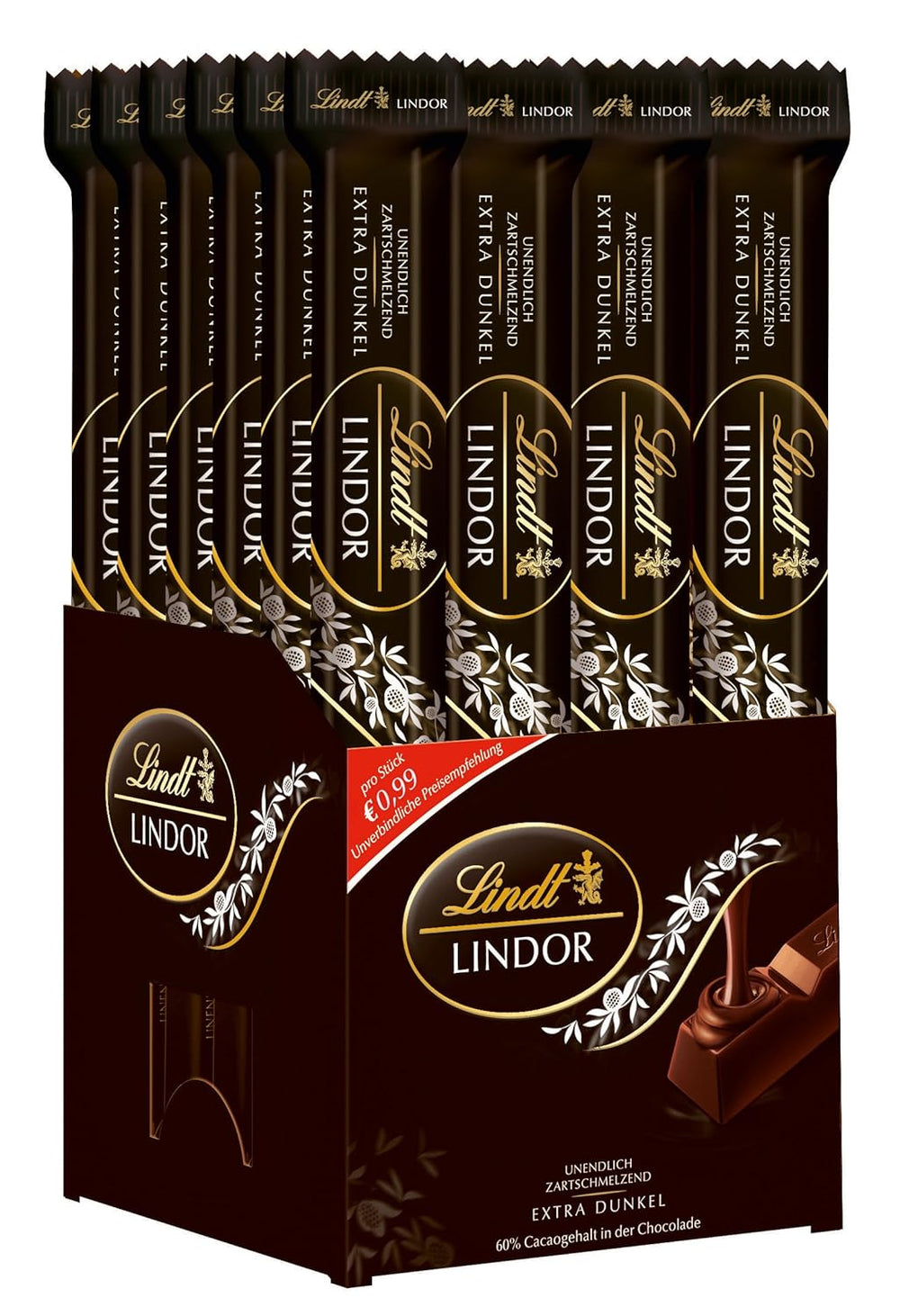 Lindt Chokolade Mørk Chokolade Stænger LINDOR | 24 chokoladebarer x 37g | Med et glat, smeltende mørk chokoladefyld med 60 % kakao | Gave af chokolade | Gave af chokolade | Bulk pakke
