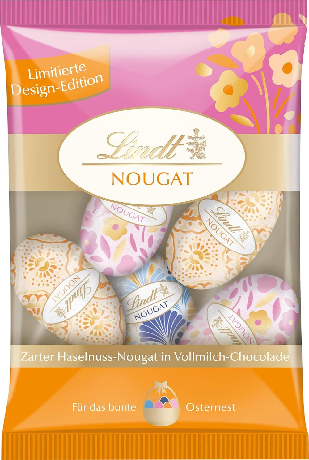 Chokolade Nougat Æg, Lindt Chocolate Decorative Edition, Guld | 90 g | 5 delikate hasselnødde-nougat-chokoladeæg i alpin mælkechokolade | Påskechokolade | Chokolade gave