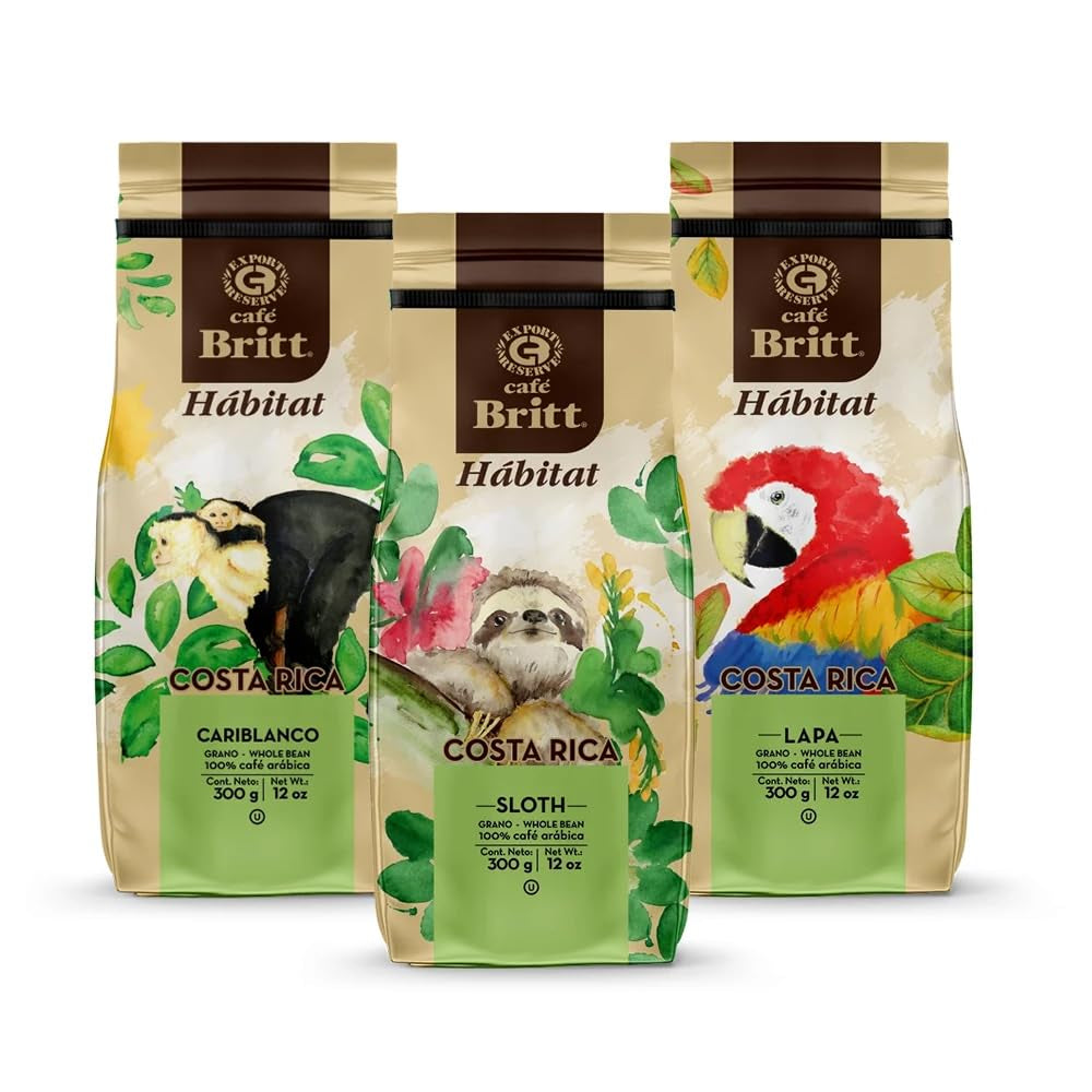 Café Britt® - Pachet de cafea Costa Rican Habitat (340 g.) (Pachet de 3) (Cafea din: Sloth, Lapa și Cariblanco) – Boabele întregi, 100% Arabica, Kosher, fără gluten, prăjire gourmet și medie deschisă și închisă.