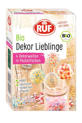 RUF Økologisk Dekor Lieblinge, 4 varianter af farverig bagepynt med drys, sukkerperler og sukkerhjerter, ingen kunstige farver, vegansk, 140 gram Naty Shop