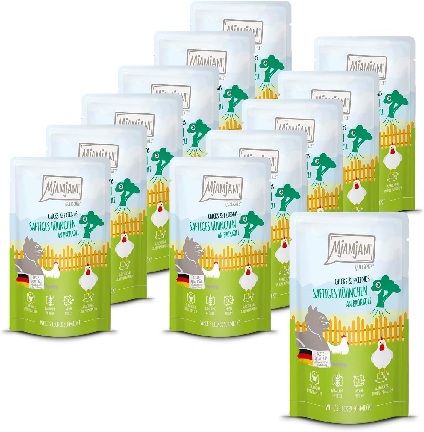 Mjamjam - Hrană umedă premium pentru pisici - Chicks & Friends Box, 9 pachete (9 X 300G), fără cereale și cu carne suplimentară