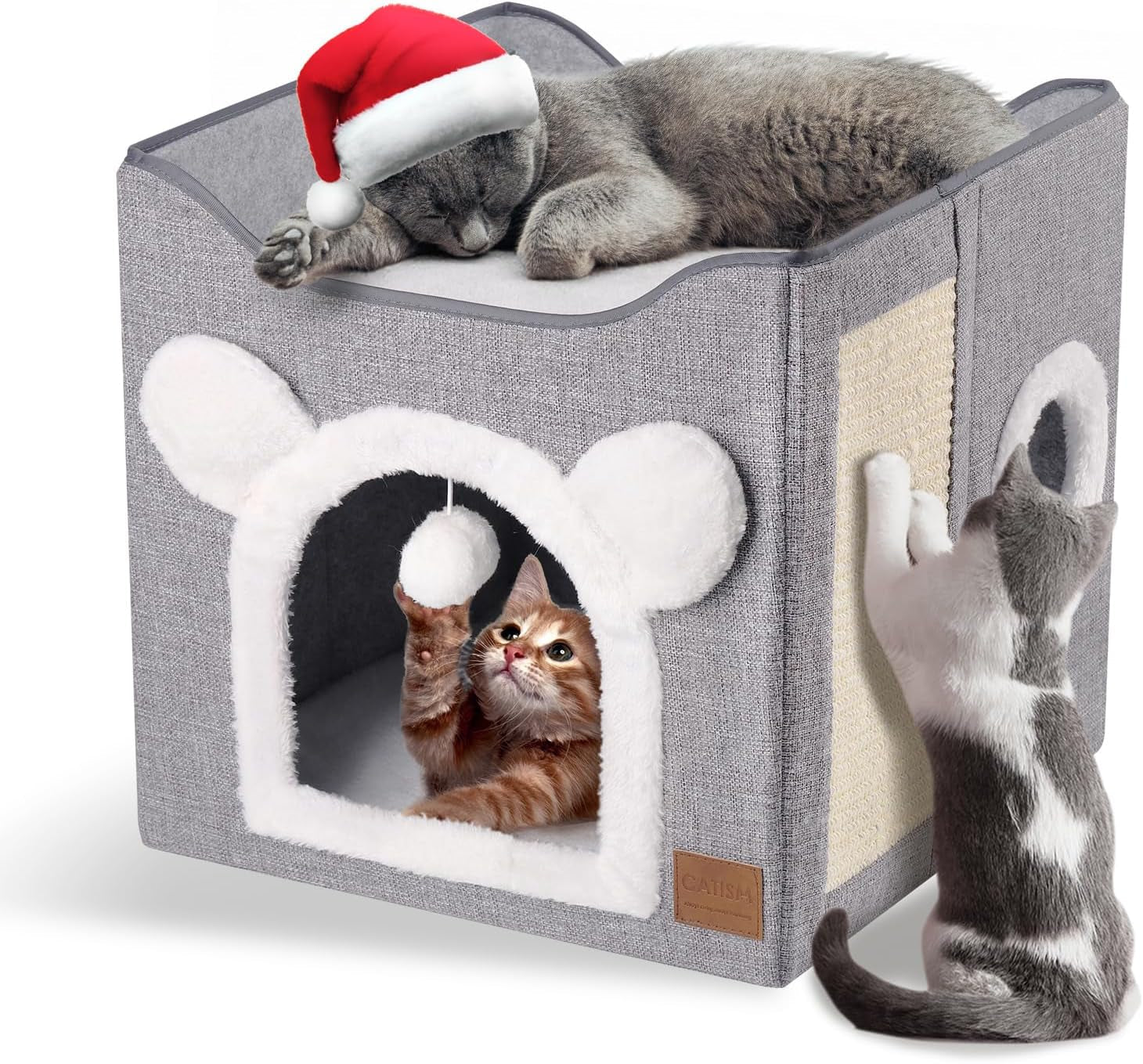 CATISM Căsuță pliabilă pentru pisici, Peșteră pentru pisici, Cub cu 2 straturi, Pat pentru pisici cu spațiu mare, cu placă de zgâriat și minge de joacă pentru animale de companie mici și medii, odihnă în interior, 40 * 40 * 35 cm, gri