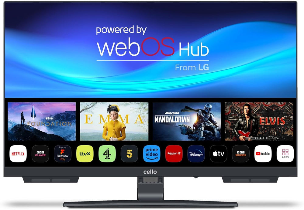 Televizor inteligent Cello C2224WSH de 22 de inci, fără ramă, alimentat de la rețea, LG WebOS, Freeview Play, FreeSat, Bluetooth, difuzoare Pitch Perfect, ideal pentru bucătărie, dormitor sau camere mici