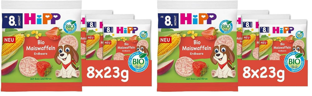 HiPP økologiske majsvafler med jordbær (8 x 23 g), snack til babyer fra 8 måneder, kun sødet med frugt og grøntsager, glutenfri, bedste økologiske kvalitet (2 pakke)