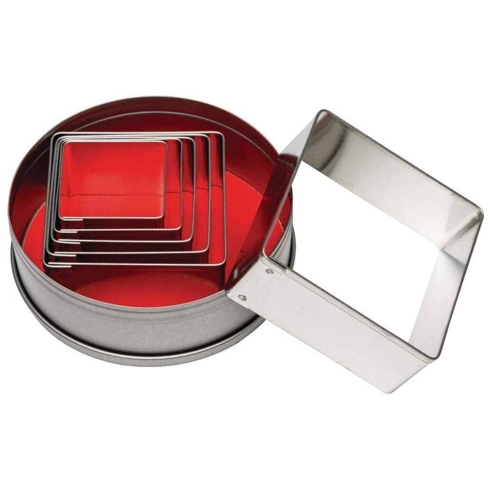 Set forme pătrate pentru biscuiți, netede (6 piese), argintii, dimensiune: 36-70 mm, material: oțel moale - Set de 6 forme pentru scones, glazură și biscuiți, dimensiuni: 36, 44, 48, 55, 60 și 70 mm, E017