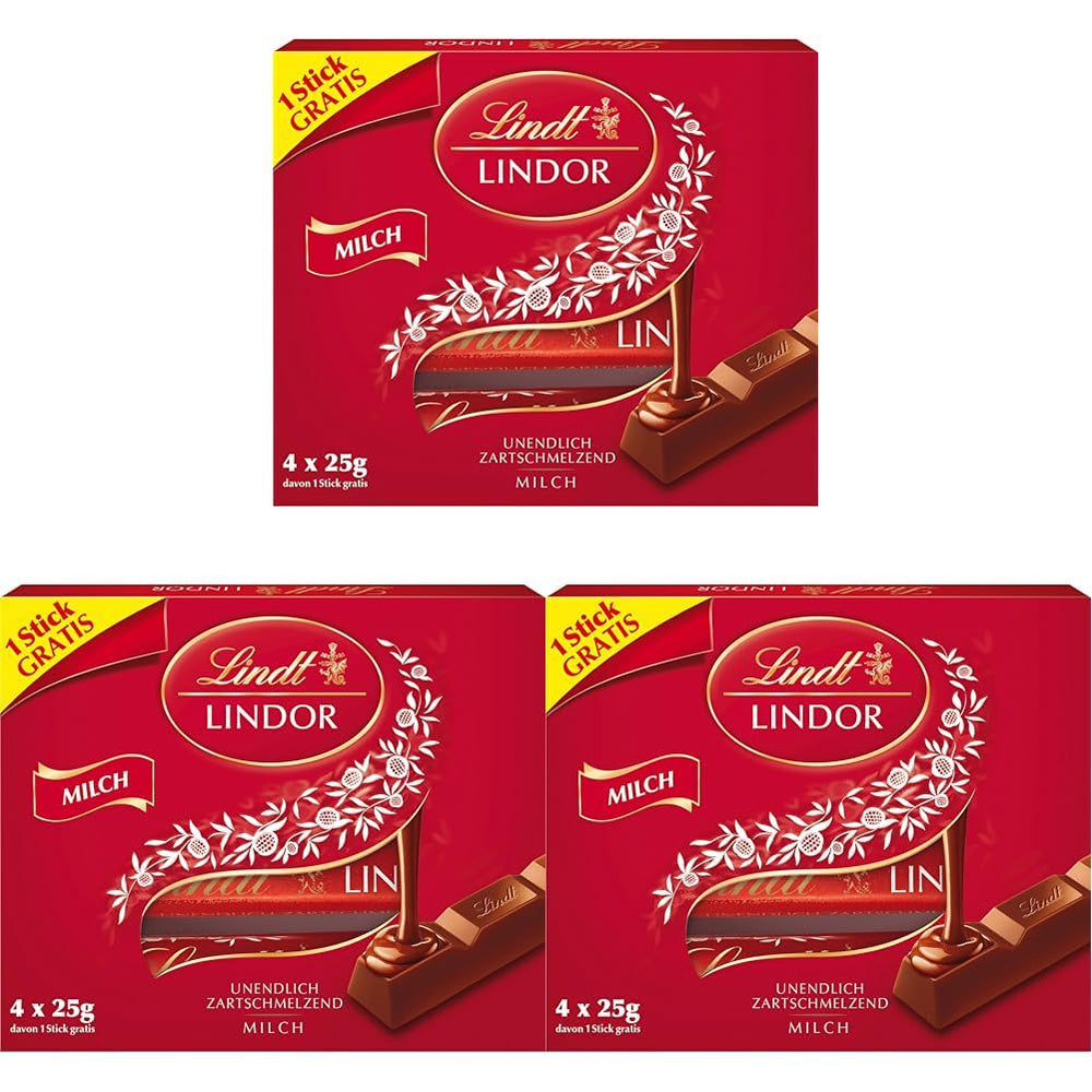 Lindt Chokolade | LINDOR mælkechokoladestænger, Kampagnetilbud | 100 g | 4 LINDOR mælkechokoladebarer med smelte-i-mund-fyld | Chokoladestænger (pakke med 3)