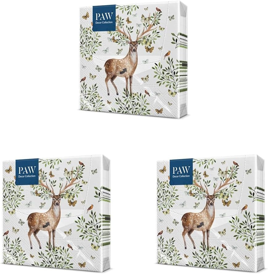 PAW - Șervețele 3 straturi (33 X 33 Cm) I 20 bucăți I Perfect pentru zilele de naștere ale copiilor, petreceri, comuniuni și sărbători I Șervețele de hârtie colorate cu motivul petrecerii I Animale, bucurie, petrecere - coarne de pădure