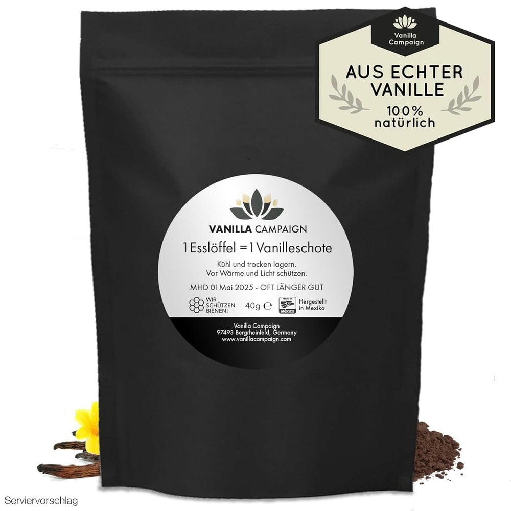 Premium vaniljepulver fra ægte vaniljebønner, naturligt, sukkerfrit, uden tilsætningsstoffer, fairtrade, vegansk (40 g uden emballage) fra Vanilla Campaign® Flavours Naty Shop 40 g (enkeltdosis)