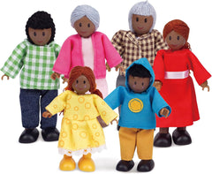 Hape Doll Family – Set de accesorii pentru casă de păpuși cu 6 piese, culoare piele închisă, cu figurine din lemn și material textil, joc de rol, jucărie educativă, jucărie interactivă de învățare pentru copii cu vârsta de 3 ani și peste