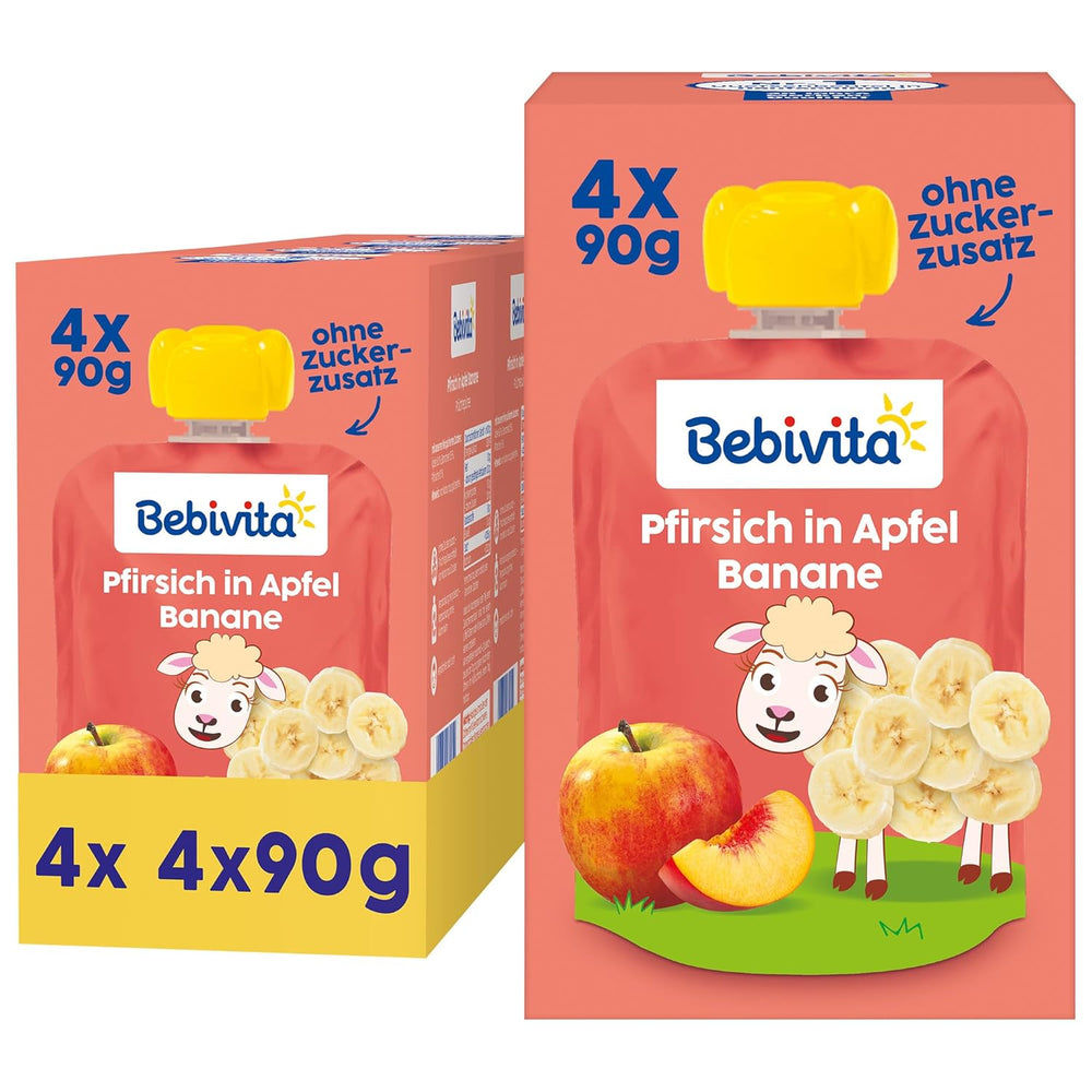 Peach-, æble- og bananposer - 16 (4 pakker, 4 x 90 g hver), uden tilsat sukker, glutenfri, ideel til take away-snacks og selvforbrugende