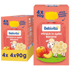 Peach-, æble- og bananposer - 16 (4 pakker, 4 x 90 g hver), uden tilsat sukker, glutenfri, ideel til take away-snacks og selvforbrugende
