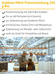 - BIO Goldene Milch Gewürzmischung | Gewürzmischung aus 100 % Bio-Zutaten für die Zubereitung von goldener Milch. Også ideel som Zutat für Smoothies und Bowls | Indhold: 250 g