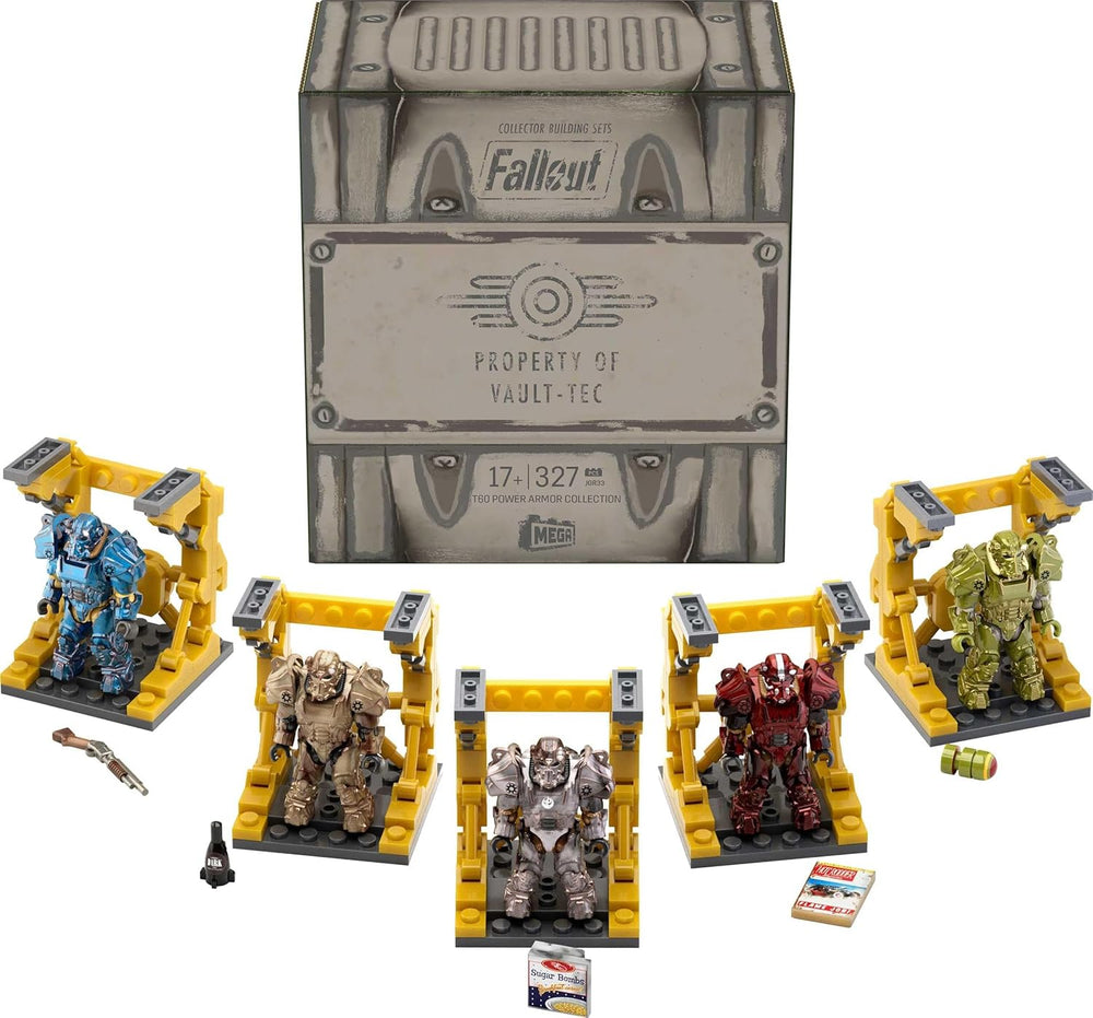 MEGA Fallout Action Figure Bauspielzeug, T-60 Power Armour Collection med 327 stk., 5 Mikro-Action-figurer og tilbehør, for Sammler