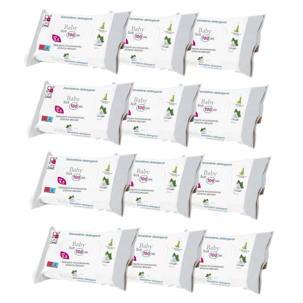 Babyservietter med talkum til følsom hud, alkoholfri, hudvenlig, pH 5,5, let duftende, 1200 Count (12 Pack)