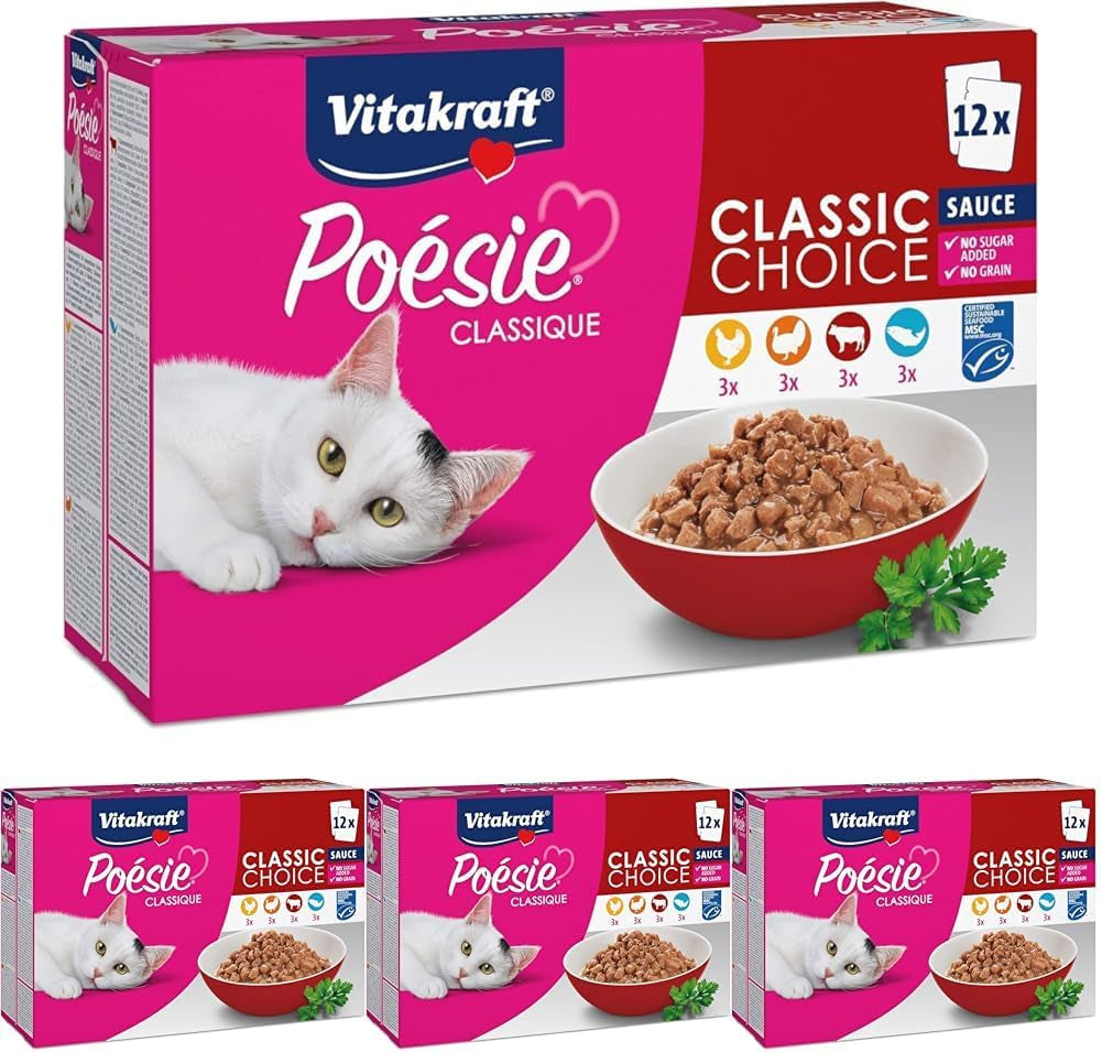 Vitakraft Poésie Classique, hrană umedă pentru pisici, hrană umedă în sos, cu pui, cu curcan, cu vită, cu somon, fără adaos de zahăr și cereale (1 pachet de 12X 85G)