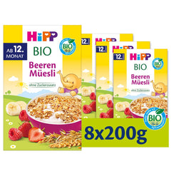 HiPP Bio Beeren-Müesli (8 x 200g), ab 12. Monat, ohne Zuckerzusatz, besonders fine Stückchen - leicht zu chewen, i bedste Bio-Qualität