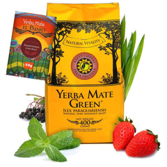 Yerba „Fresa Frutilla” 400 g | Ceai argentinian de mate cu fructe de căpșuni, mentă, lemongrass și fructe de soc | Ingrediente naturale | Frunze verzi de mate | 50 g El Pajaro