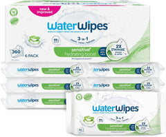 WaterWipes Sensitive+ Hydrating Boost vådservietter, hydrerende servietter, 360 stykker (6 pakke), 3 i 1 rene, pleje, hydrere, 99 % aloe vera vand, uparfumerede babyservietter