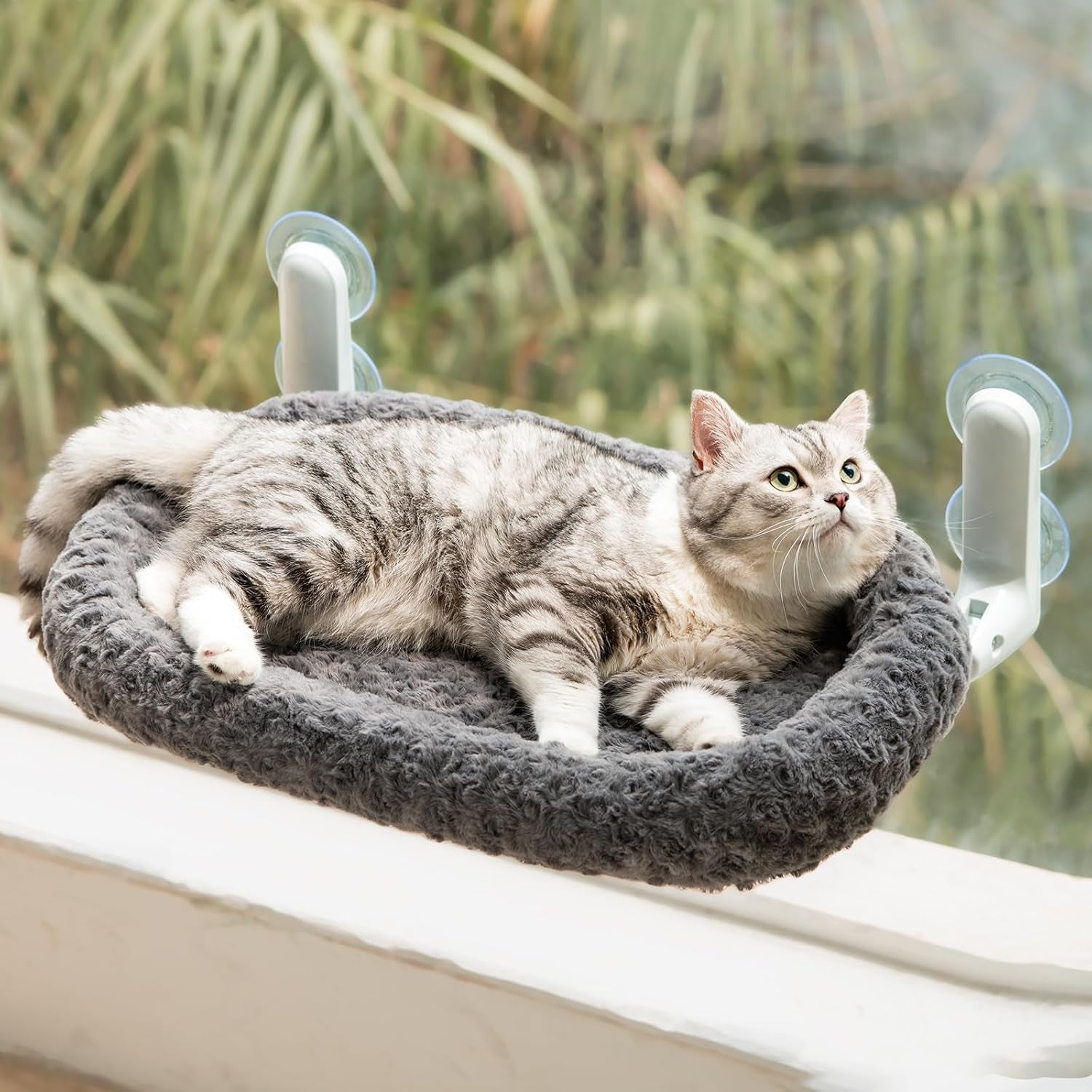 Șezlong pliabil pentru pisici EDAGNY, model plush, pentru plajă și privit - Șezlong pliabil pentru pisici, cu husă lavabilă și reversibilă - cadru robust din oțel, pentru o greutate de până la 15 kg, alb M