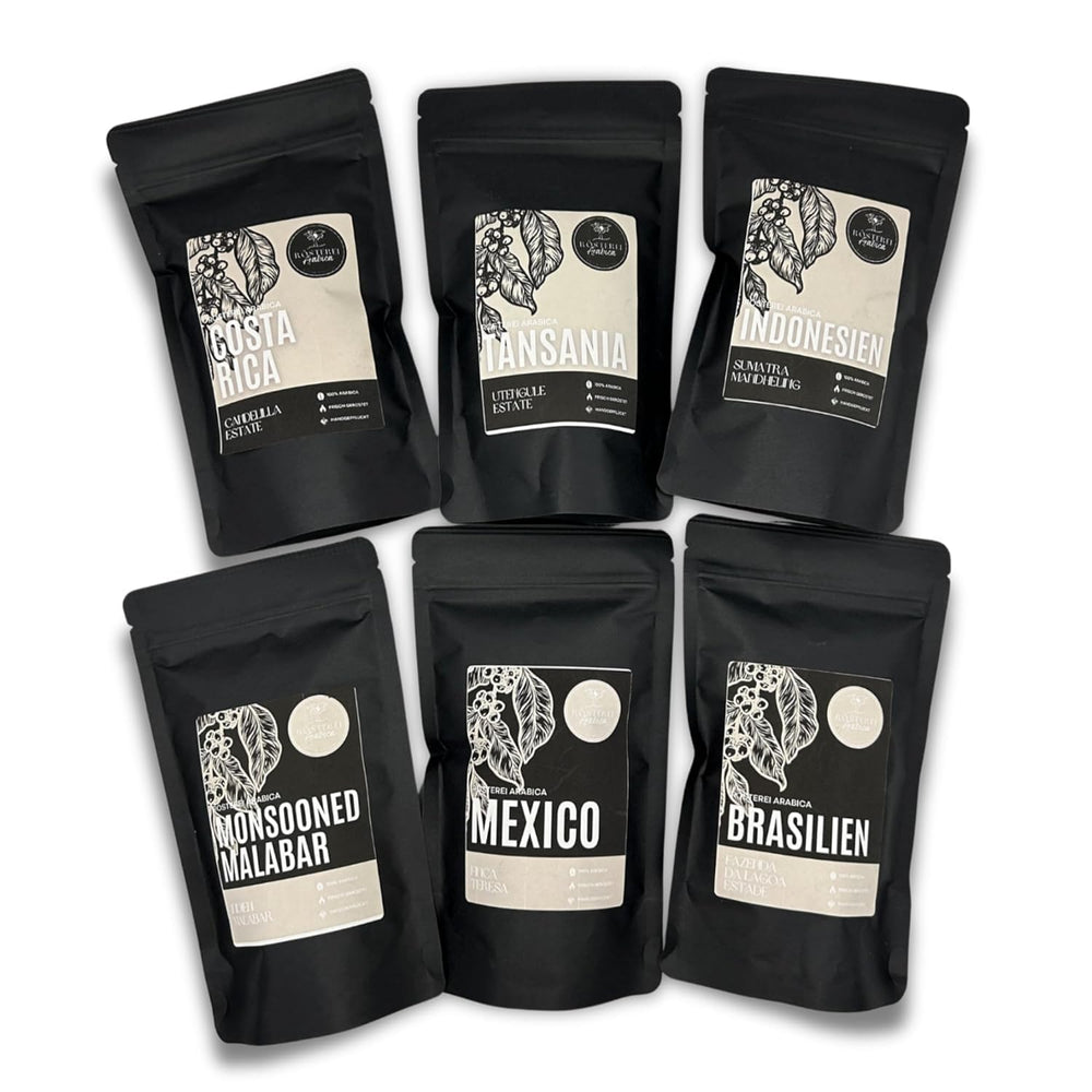 Probierset Kaffee und Espresso | Ganze Bohne oder Gemahlen – 6 Sorten Café & Espresso | Aromatisch & Vollmundig Perfekt zum Testen oder als Geschenk