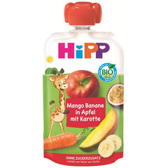 HiPP Bio Quetschie mango-banan i æble med gulerod (8 x 100 g), 1 år gammel, Frucht- und Gemüsepüree, ohne Zuckerzusatz, vegansk, i bedste bio-kvalitet