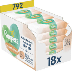 Pampers Harmonie Protect & Care vådservietter, 18 pakker med hver 44 servietter = 792 servietter, der hjælper med at genoprette hudens naturlige pH-balance
