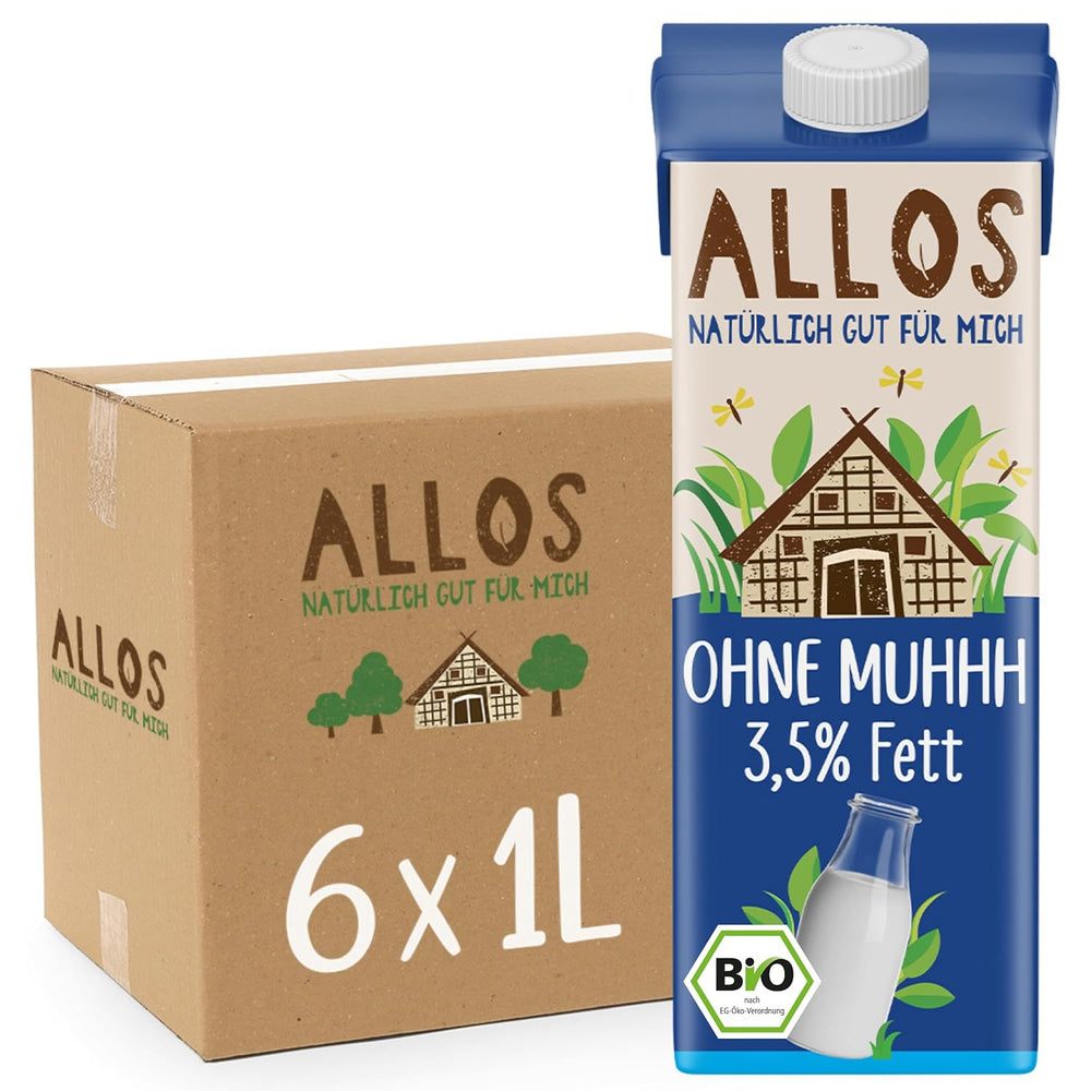 Allos Bio Ohne Muhhh 3,5% | Milchalternative | Drik auf Pflanzenbasis | vegansk | schäumbar | perfekt til kaffe laktosefri | Kilder til calcium og vitaminer | Reich an Protein | 1 liter (6 stykker)