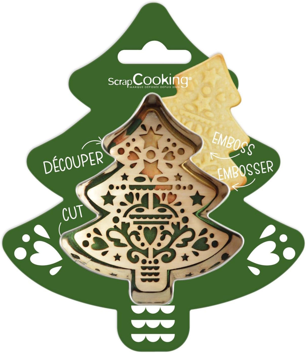 ScrapCooking - Forme de biscuiți + Șablon de embosare, Lemn, Lemn de brad – Formă de biscuiți de Crăciun din oțel inoxidabil pentru biscuiți în relief – Accesoriu pentru formă de copt sablată – 2092