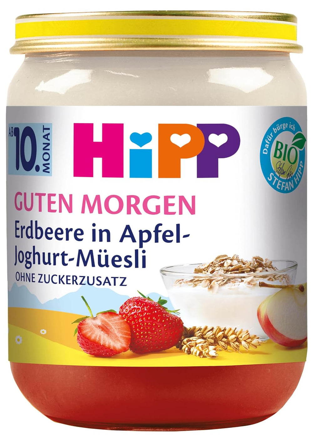 Müsli med yoghurt og æbler med jordbær HiPP Økologisk Good Morning (6 x 160g), fra 10 måneder, uden tilsat sukker, med værdifuldt calcium, af bedste økologiske kvalitet