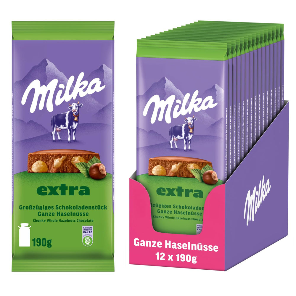 Hele hasselnødder med chokolade Milka Extra - Alpine mælkechokolade med sprøde hele hasselnødder - 12 x 190g