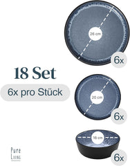 Set de veselă din gresie ceramică, format din 18 piese, pentru 6 persoane, design Ibiza, CÂȘTIGĂTOR AL TESTULUI. Un set de veselă mediteranean superb, din gresie ceramică, inclusiv boluri și farfurii. Set de veselă Pure Living în albastru fumuriu.