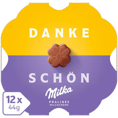 Praline Milka Little Thank You – Ciocolată cu lapte alpină cu umplutură fină de cremă de lapte – 12 x 44g