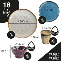 Moritz & Moritz COPA 16-tlg Geschirrset 4 Personen - Elegantes Teller Set aus hochwertigem Steinzeug - Geschirr Set 4 Personen aus je 4x Dinnerteller, Dessertteller, Müslischale & Kaffeebecher