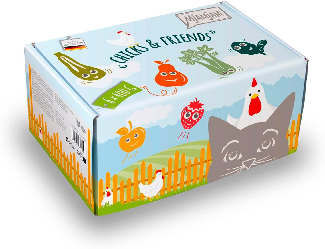 Mjamjam - Hrană umedă premium pentru pisici - Chicks & Friends Box, 9 pachete (9 X 300G), fără cereale și cu carne suplimentară