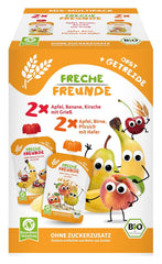 FRECHE FREUNDE Økologisk blanding i multipak-pressepose - Frugt + Korn, Frugtpuré med korn i en klembar pose til babyer fra 6 måneder, vegansk, pakke med 3, 3 x (4 x 100g)