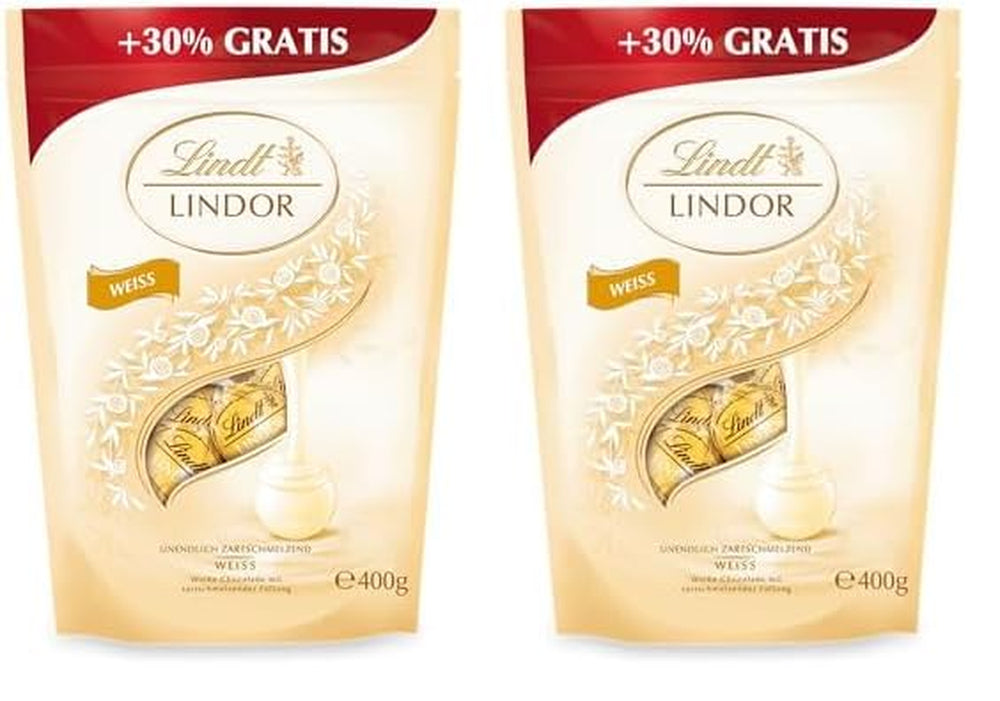 Lindor hvide chokoladekugler | 400 g ca. 30 hvide chokoladekugler med smelte-i-mund-fyld | Gave af chokolade | Chokoladegave (pakke med 2)