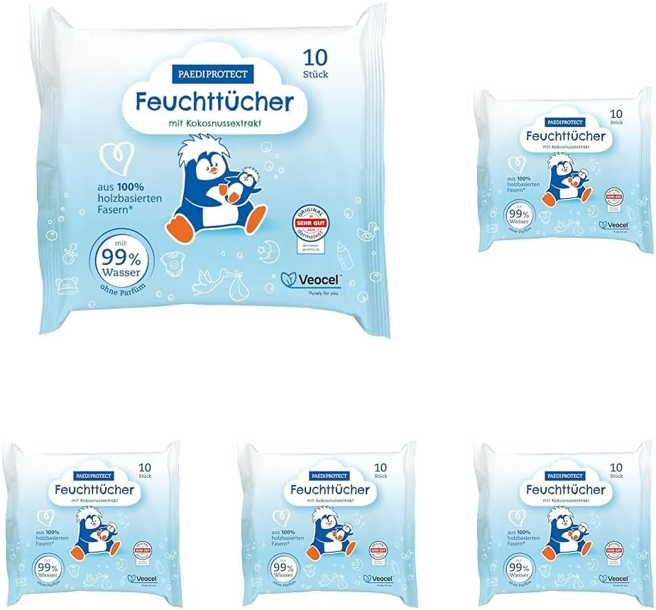PAEDIPROTECT Baby vådservietter 1 x 10 stk. Sensitive baby vandvådservietter 99% vandparfumefri baby & børn delikat hud kokosekstrakt Mikroplastfri vegansk (5 pakke)
