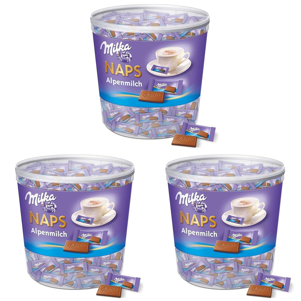 Naps Alpine Milk 1 x 1 kg, Smelt-i-munden Mini Chokolade Firkanter af Fin Alpine Milk Chokolade, æske (pakke med 3)