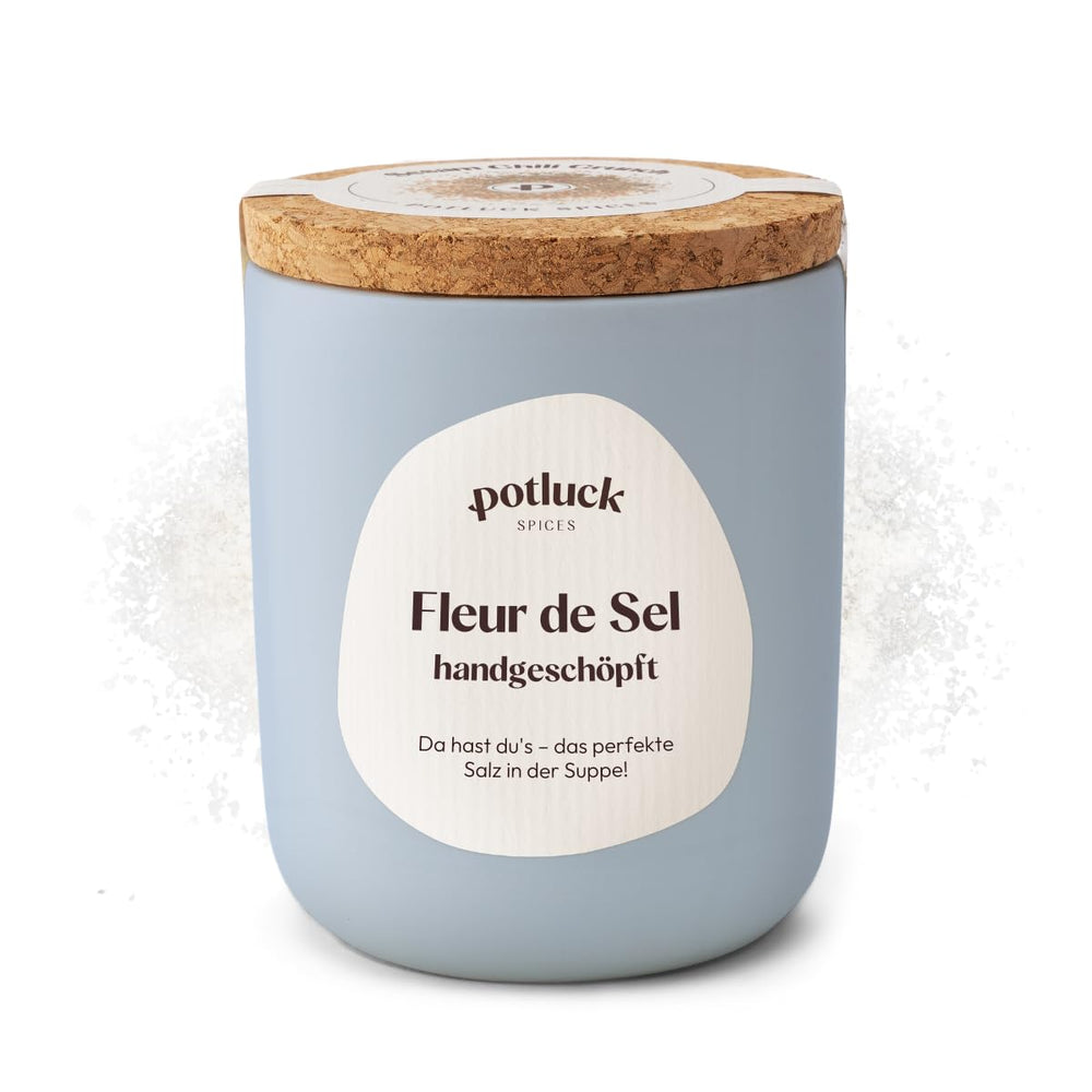 Potluck | Fleur de Sel håndgeschöpft | Meersalz im Keramiktopf | 80g | Vegansk, glutenfri og med naturlige ingredienser