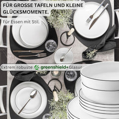 SÄNGER | Set de veselă Marlo cu margine neagră și albă, Set de veselă din porțelan cu 18 piese pentru 6 persoane, Alb cu accente negre, Farfurii de cină, Farfurii și boluri pentru desert, Design modern | COLECȚIA PREMIUM