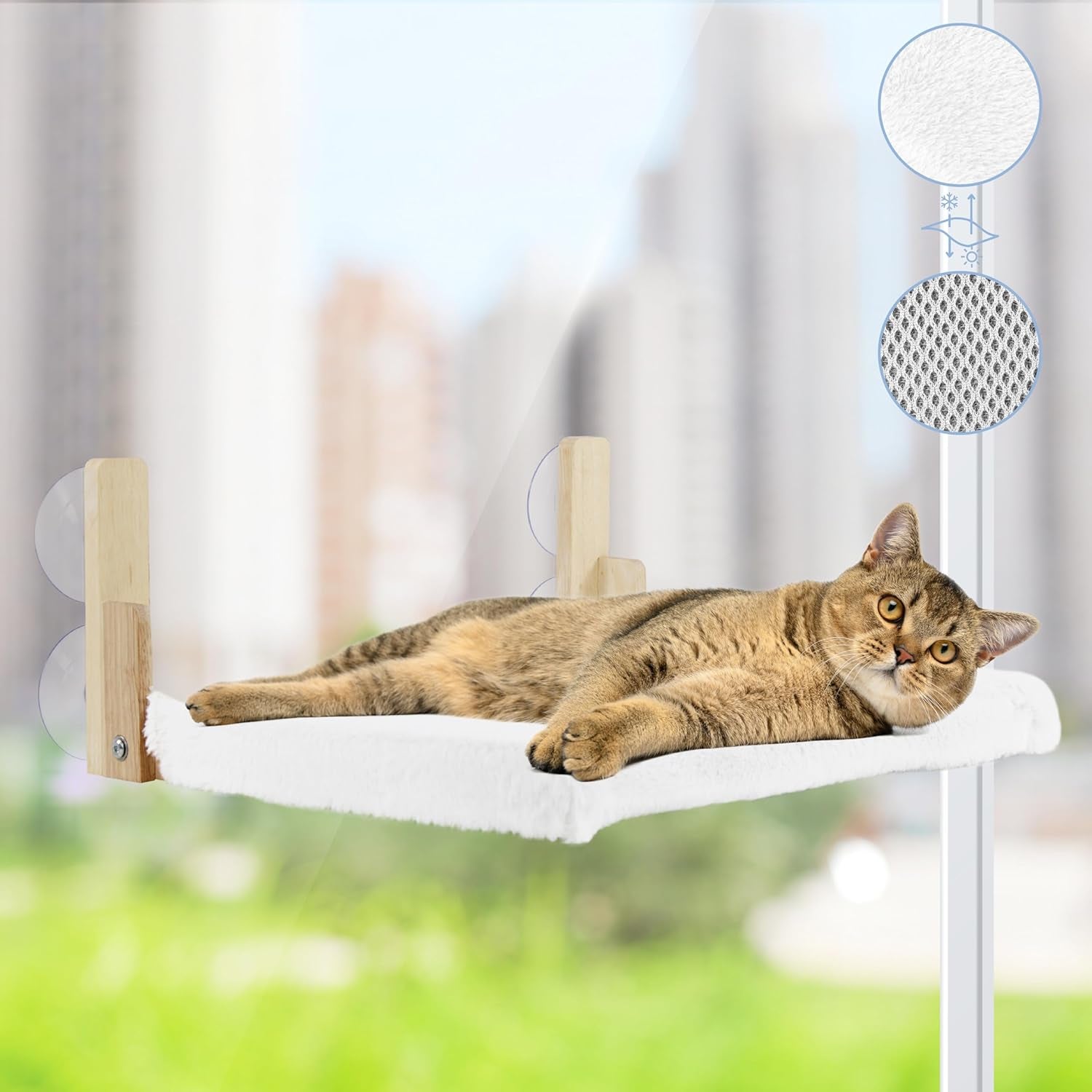 Hamac pentru pisici, fereastră, din lemn, pliabil, pat pentru pisici, pervaz, cu pătură reversibilă pentru iarnă și vară, hamac pentru pisici cu 4 ventuze, pat pentru pisici cu fereastră pentru pisici și