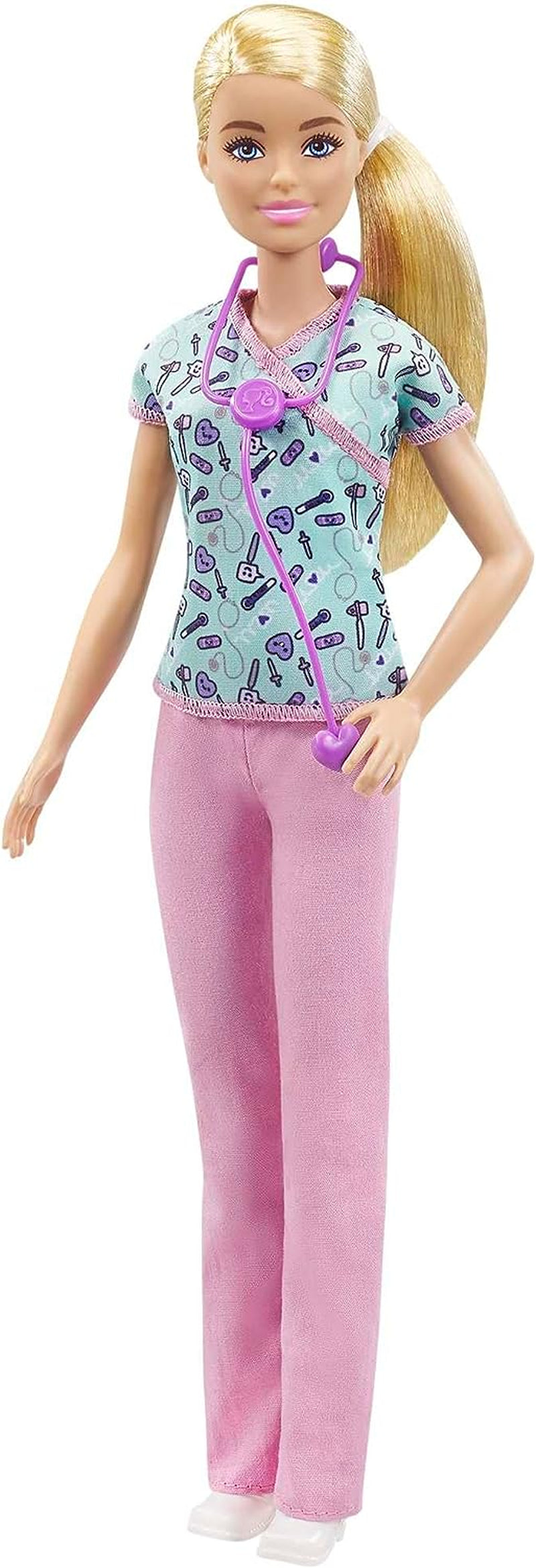 Păpușa Barbie GTW39 - Asistentă medicală (aprox. 30 cm) cu bluză imprimată și pantaloni roz, pantofi albi și stetoscop, cadou excelent pentru copiii cu vârsta de 3 ani și peste