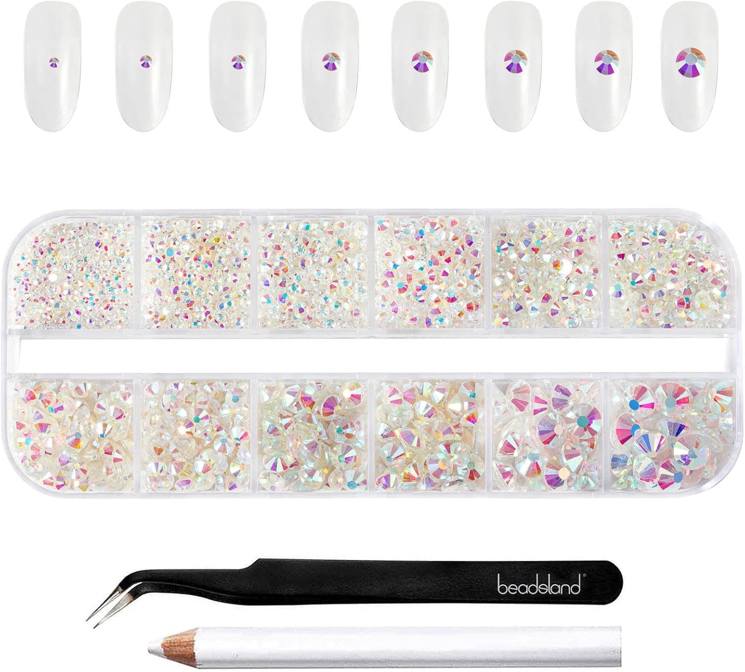 Beadsland 2500Pcs Glas Nailart Strasssteine Kristall Flatback Edelsteine Runde, Für Handwerk Gemischt 8 Größen SS4 ~ SS30 Mit Picking Pinzette Und Stift (Kristall Weiss)