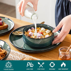 Set de veselă modern pentru 6 persoane, set de veselă din gresie Vancasso STARRY cu 24 de piese, set combinat verde, serviciu de cină pentru 6 persoane, inclusiv farfurii de cină, farfurii de desert, farfurii de supă și boluri pentru cereale