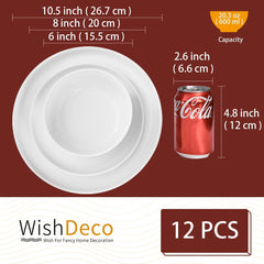 Set de veselă cu 12 piese, serviciu de masă din porțelan pentru 4 persoane, set de veselă albă cu farfurii, farfurii de desert și boluri pentru cereale