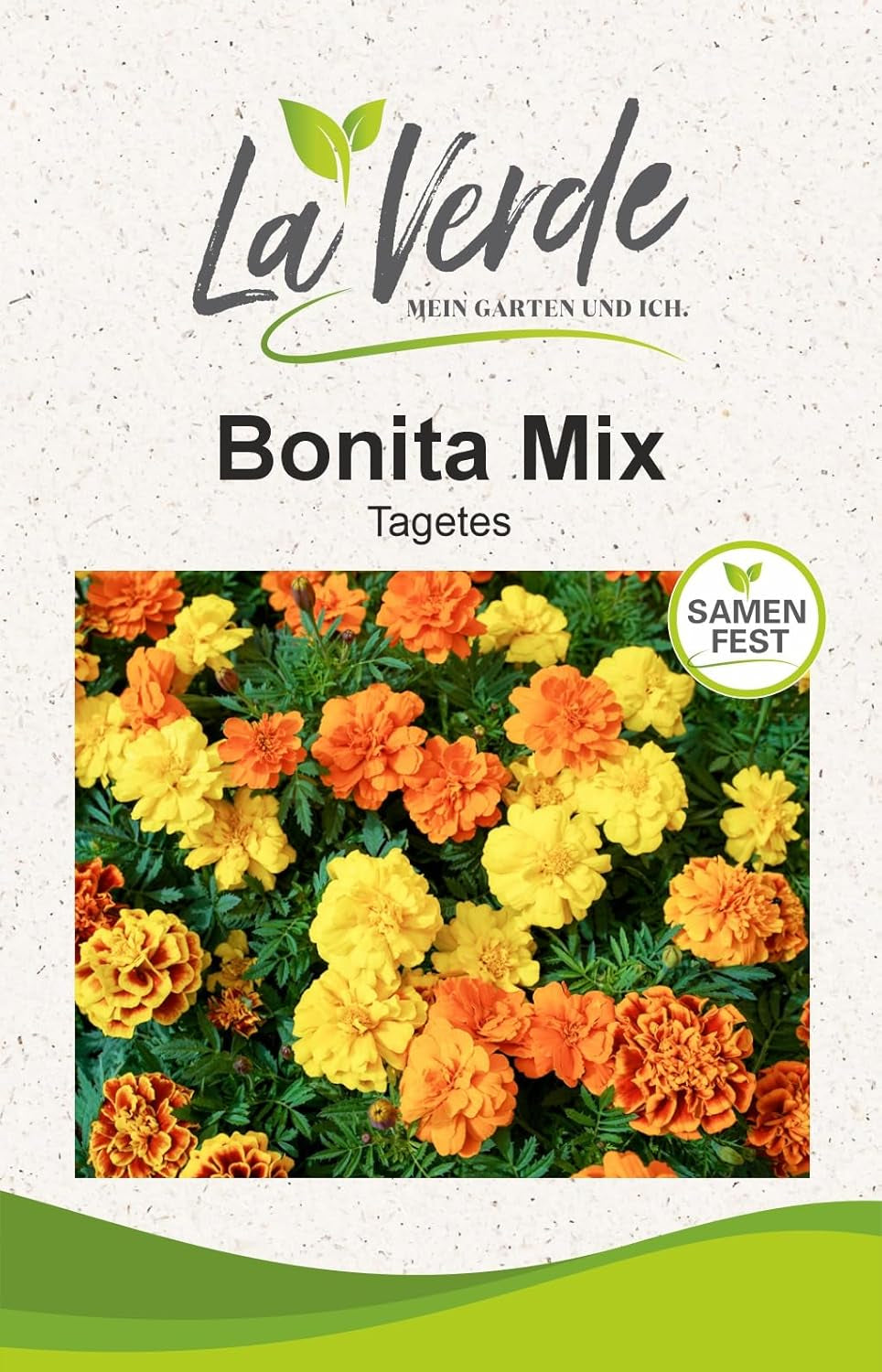 La Verde MIN HAVE OG MIG. Tagetes Bonita Bland blomsterfrø i ca. 100 planter, langblomstrende morgenfruer, dobbelte blomster, ikke-GMO frø